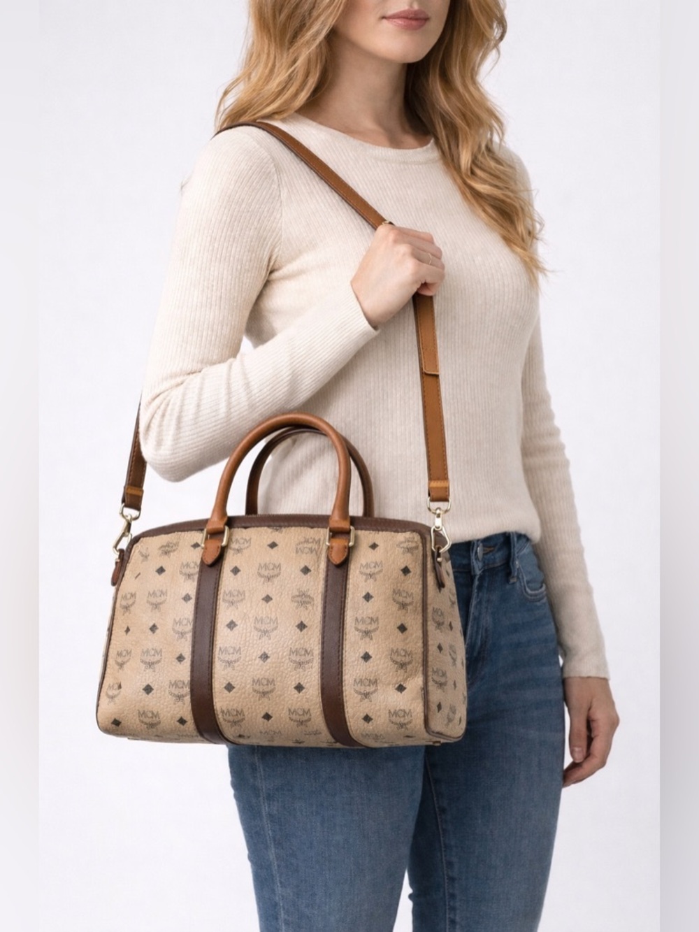 MCM Beige and Dark Brown Satchel